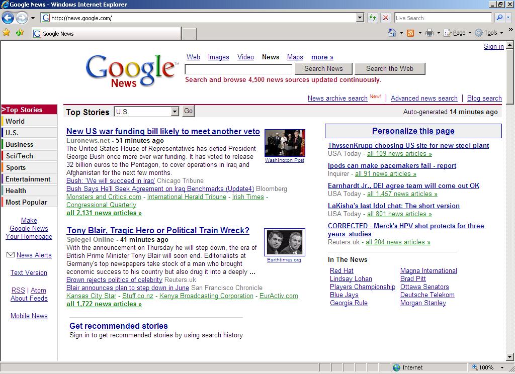 color image of google news page